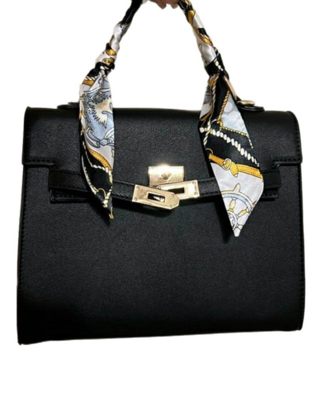 Classic Black Structured Top-Handle Satchel Crossbody Bag with Scarf Accent